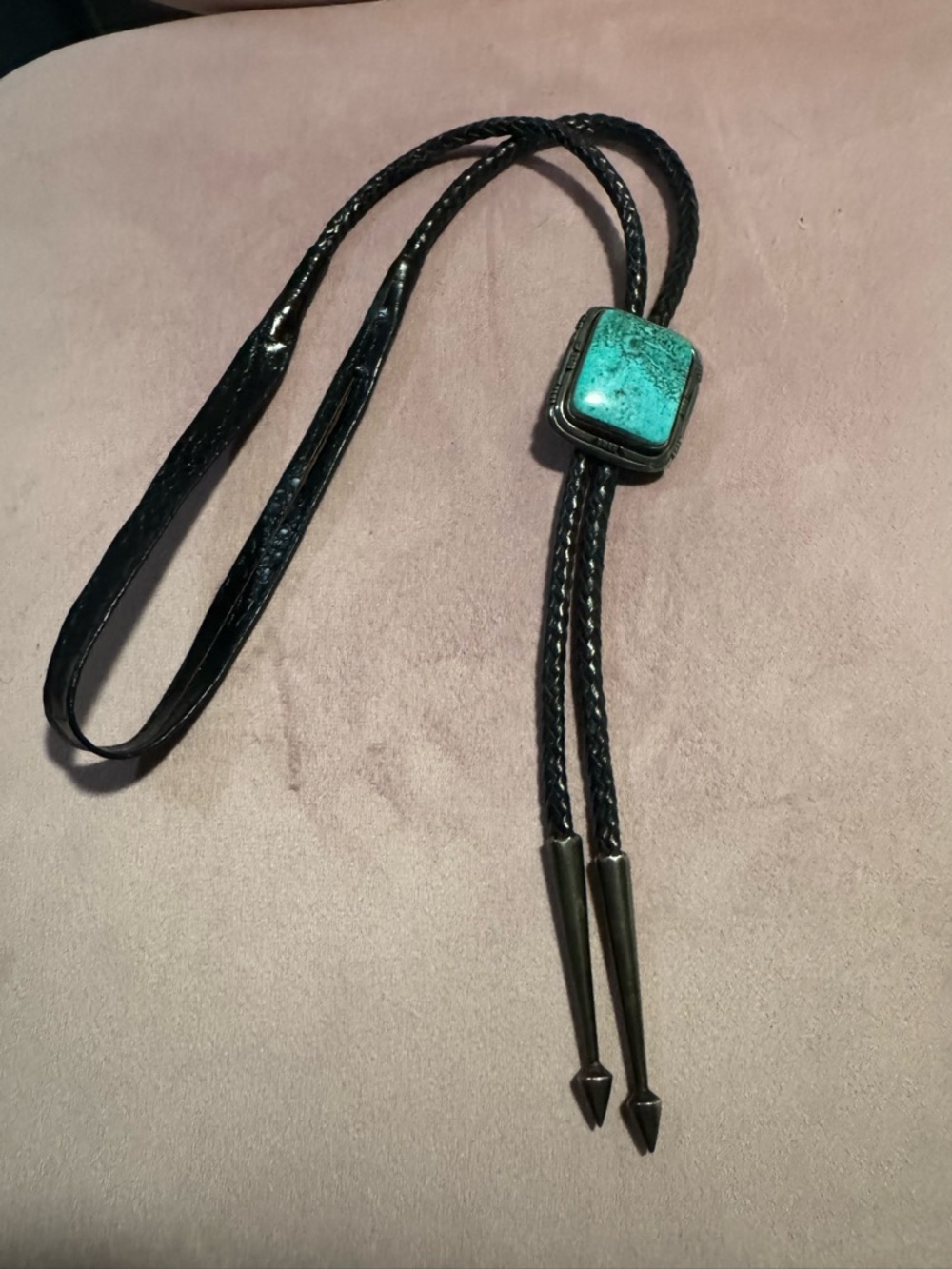 Sterling silver and Turquoise Stone Bolo Tie with Black Braided Cord